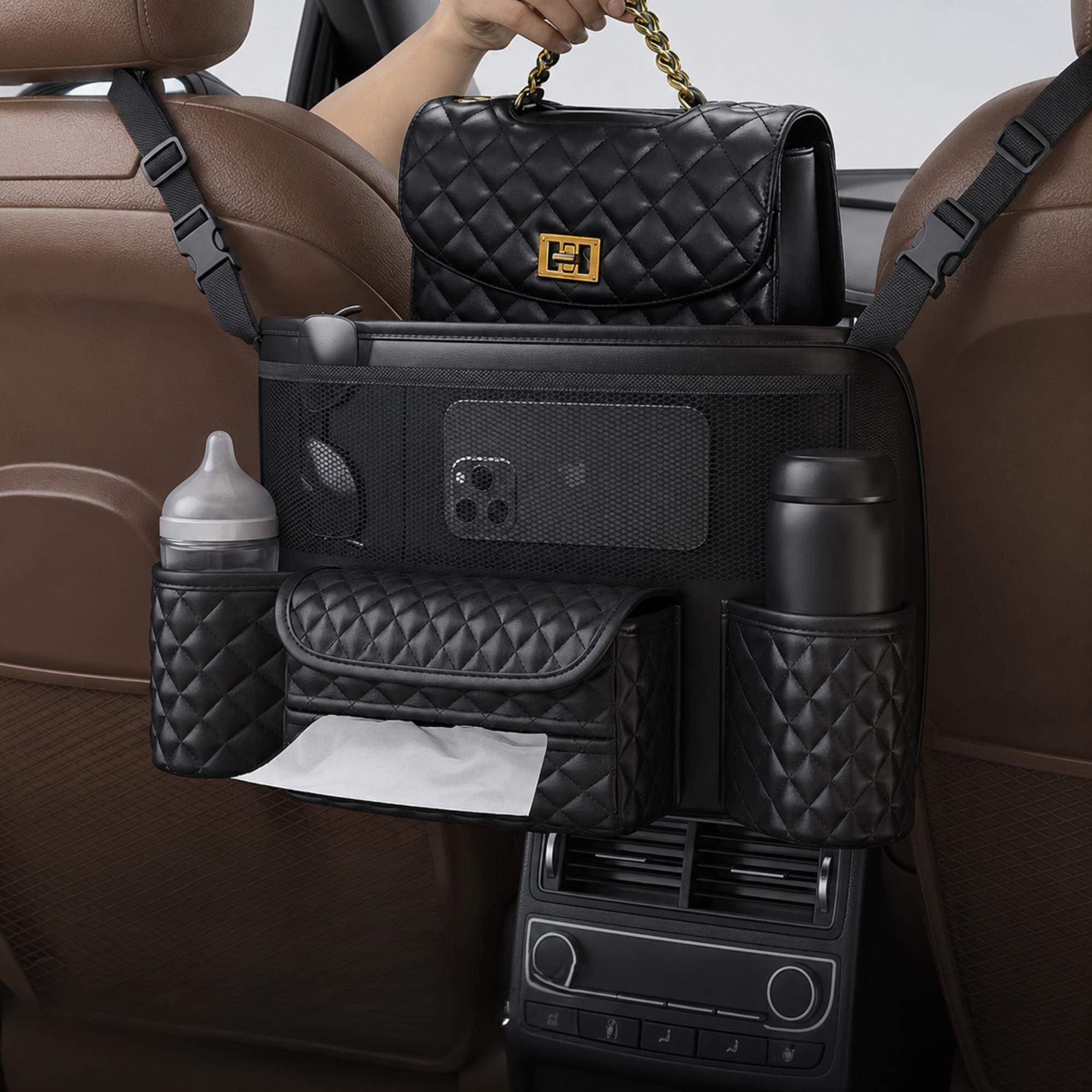Car Organizer PU Leather Storage Bag Multifunction Seat Back Tray Hanging Bag