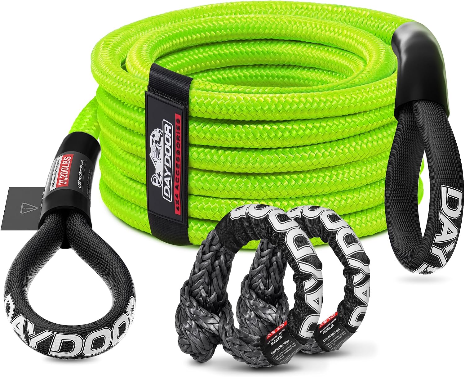 Recovery Tow Rope Kit with 2 Soft Shackles, 7/16" x 30ft, 31,200lb — DAYDOOR