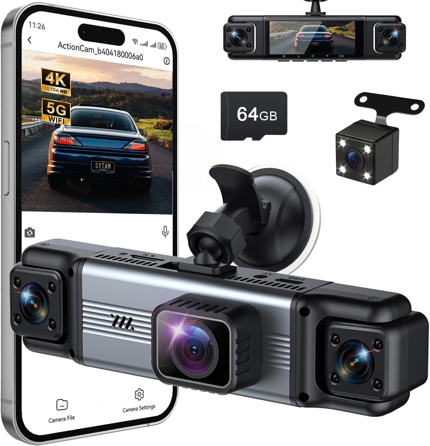 360° 4-Channel 1080P Car Dash Cam Front and Rear Inside Left Right + Camera WiFi