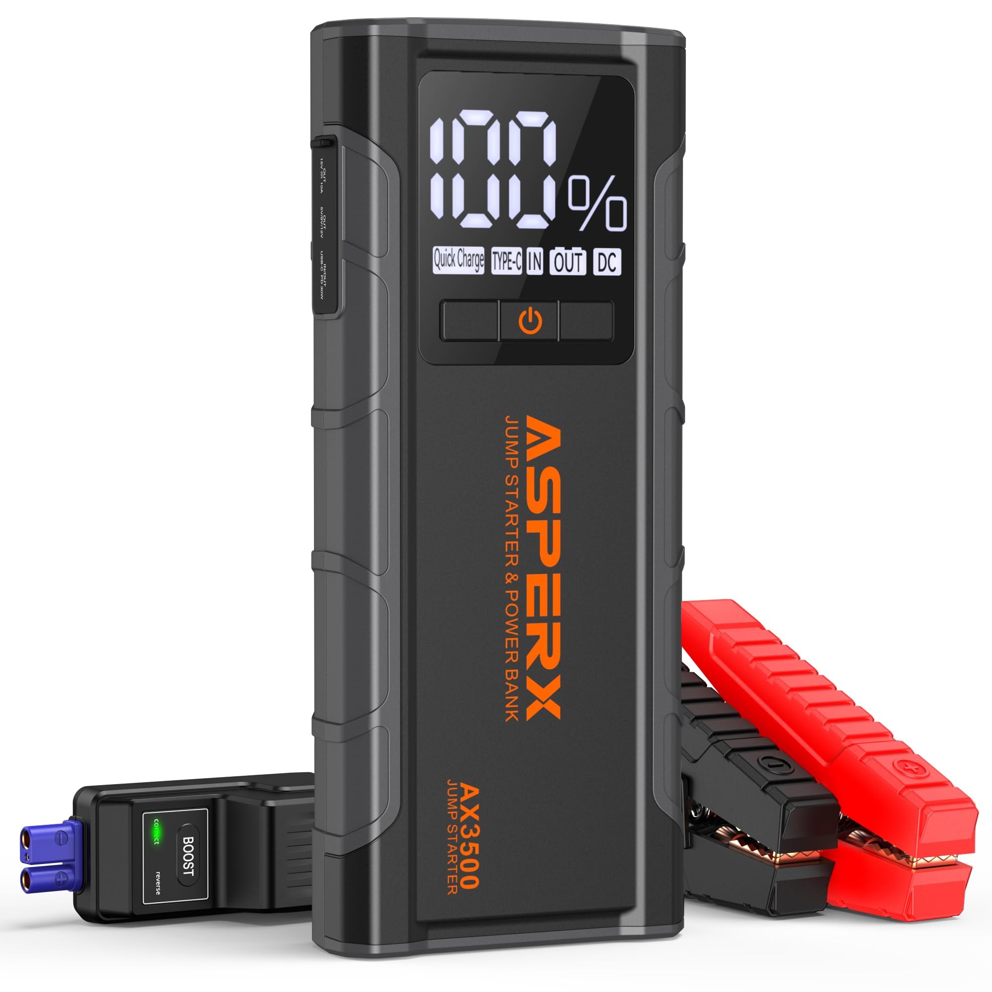 ASPERX 3500A Battery Jump Starter with PD 30W Fast Charging, 4-inch LCD