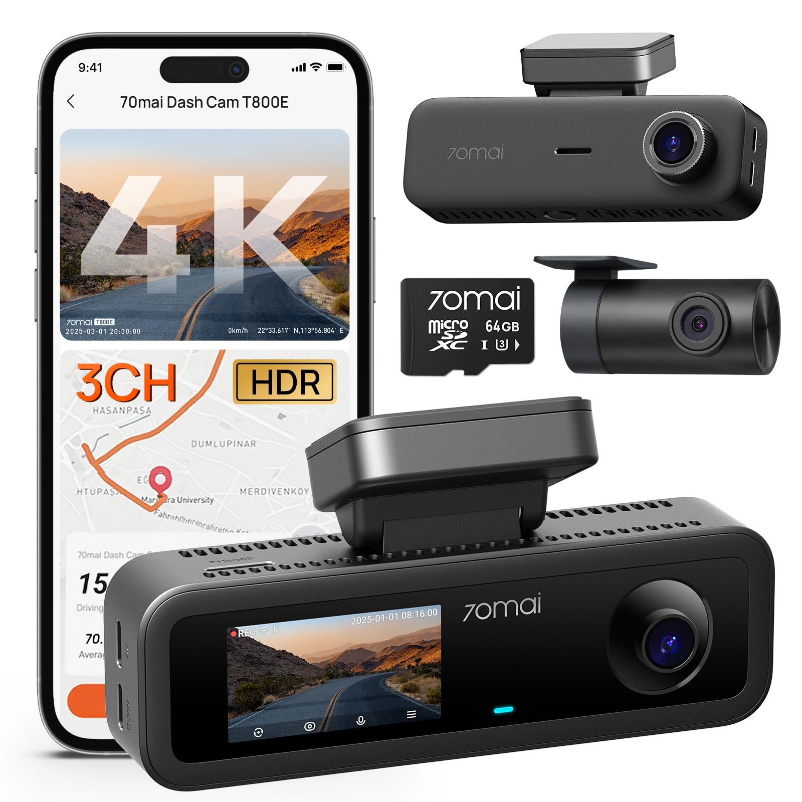 70mai T800E 4K Dash Cam Front and Rear Inside, 3 Channel, GPS, Wi-Fi 6, Voice Control