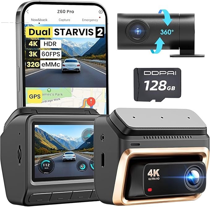DDPAI Z60 Pro 4K Dash Cam Front and Rear, Dual STARVIS 2, 5G WiFi GPS, Free 32GB eMMC