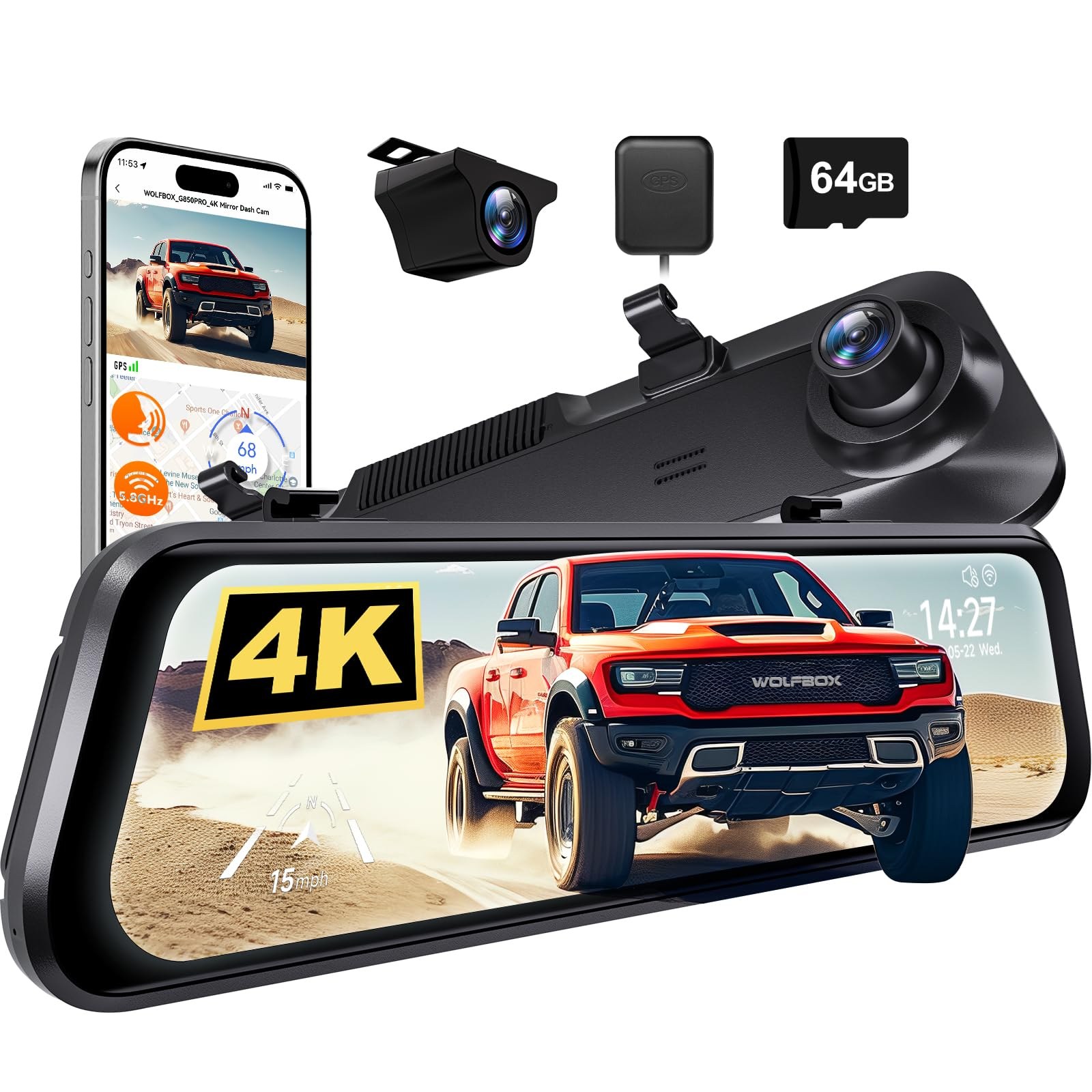 WOLFBOX G850 PRO 4K Mirror Dashcam with ADAS and BSD, 12-inch Rear Camera