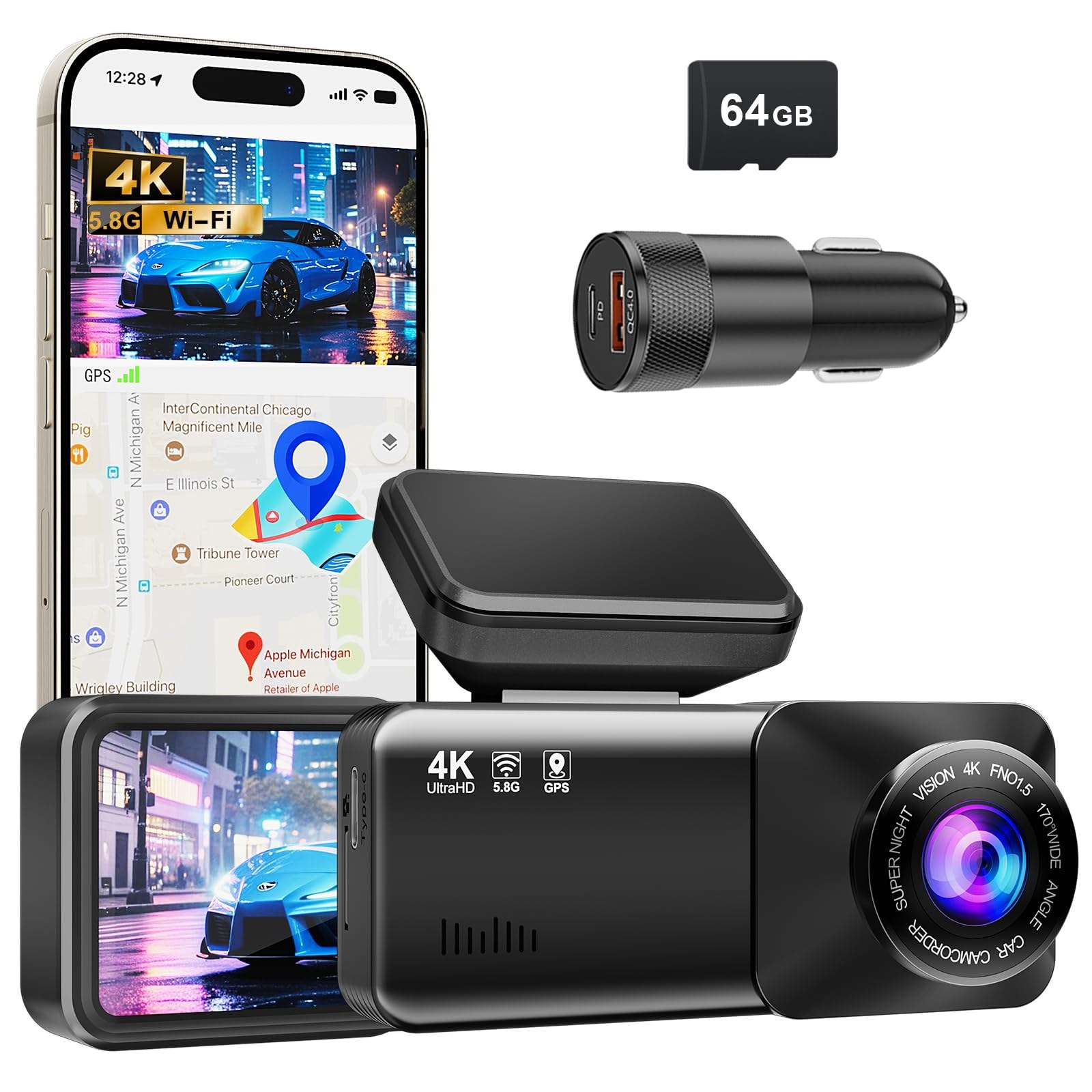 Dash Cam 4K Ultra HD Front Dash Camera, Built-in GPS, 5.8GHz WiFi, 64GB Card, 48W 2-Port Car Charger
