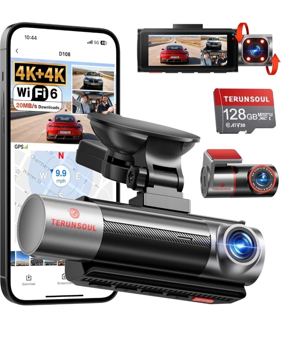 4K+4K Dash Cam Front and Rear, Free 128GB Card, 5.8GHz WiFi, Built-in GPS