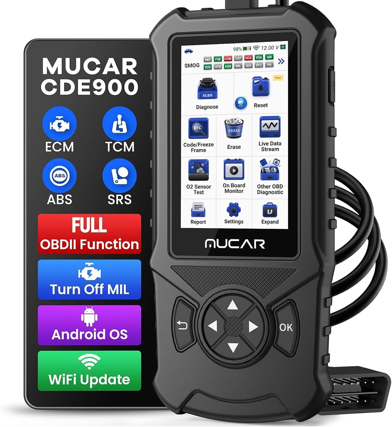 MUCAR CDE900 OBD2 Scanner, 4-inch Touchscreen, Android 6.0, AutoVIN