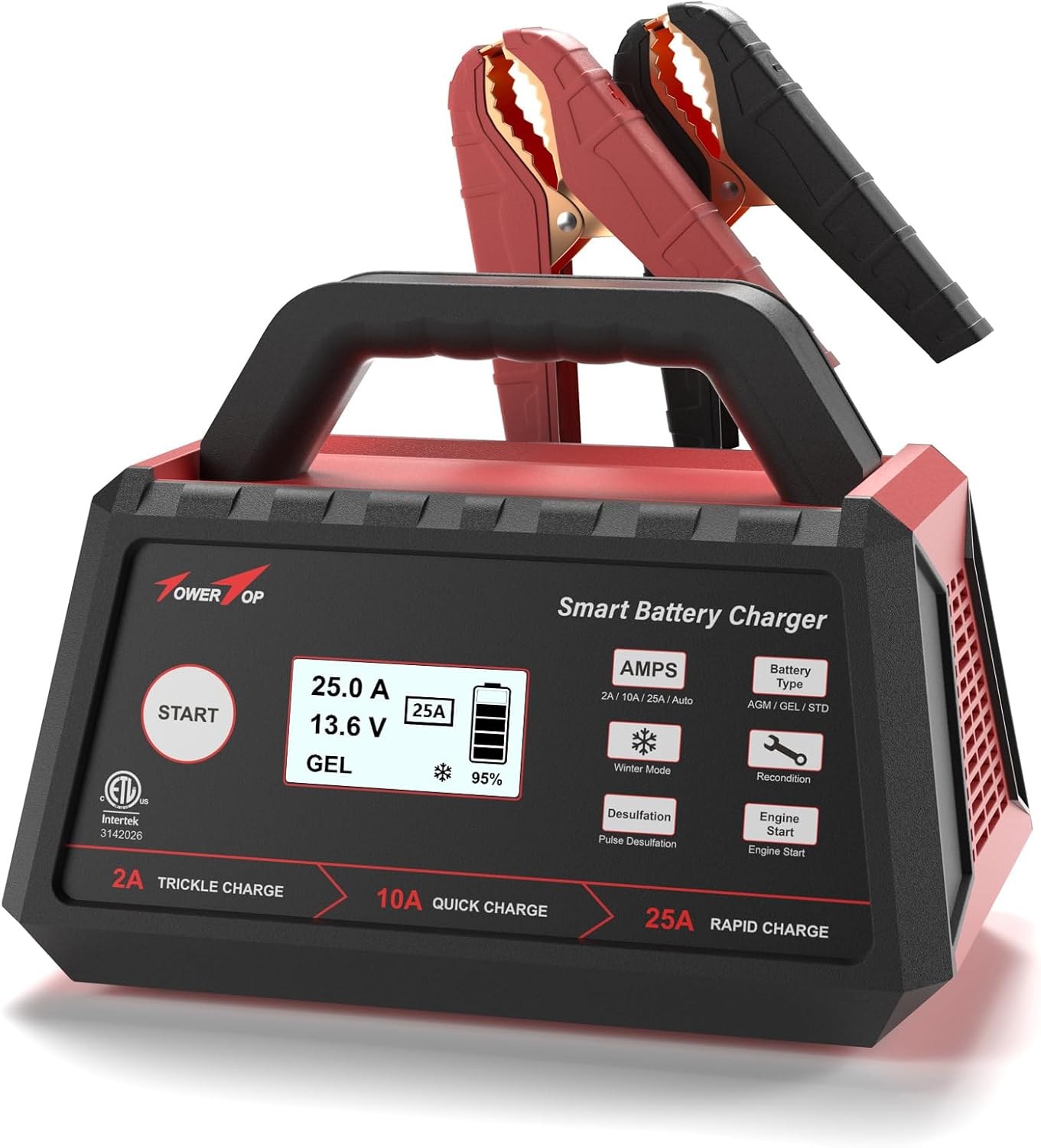 TowerTop 2/10/25 Amp 12V Smart Car Battery Charger, Fully Automatic Maintainer