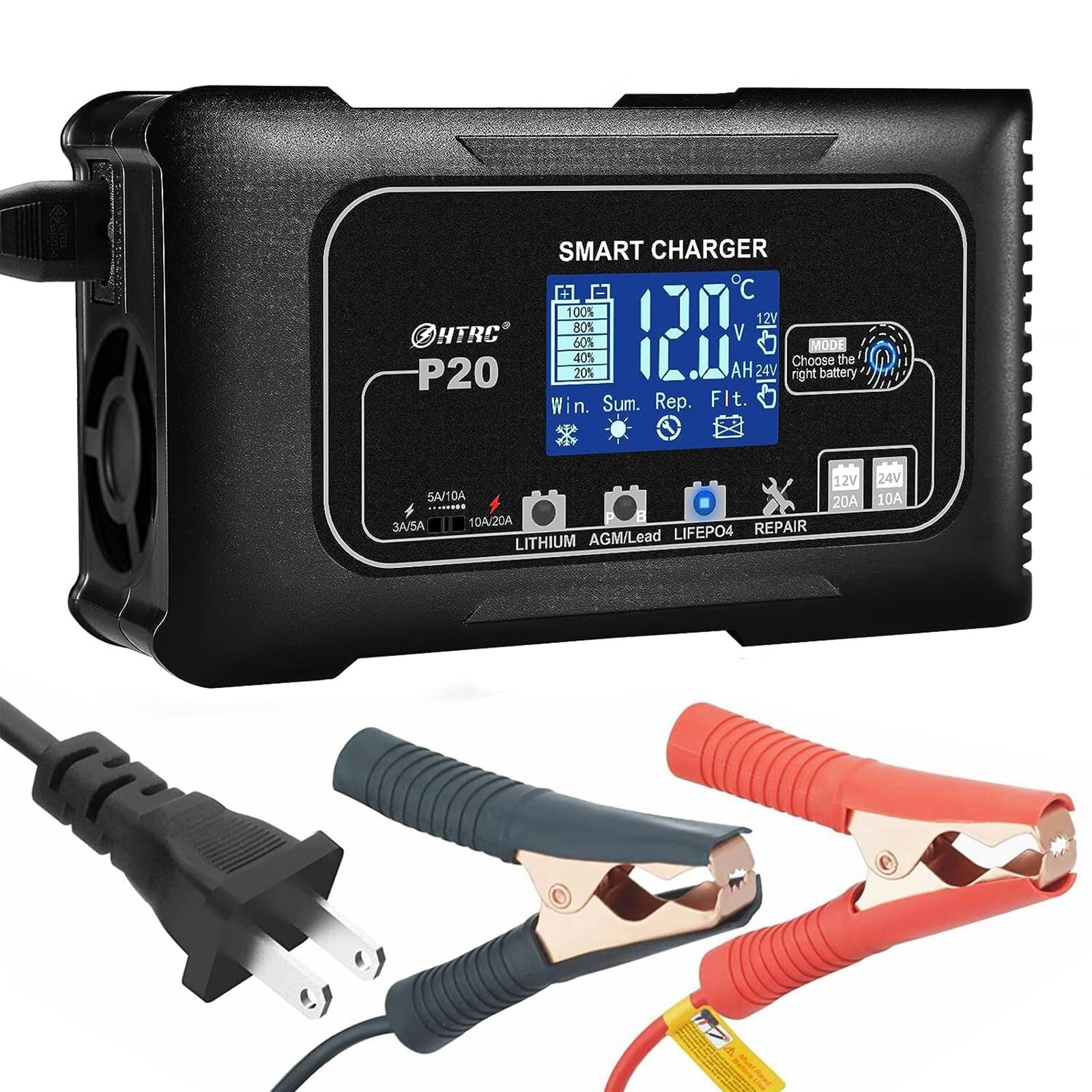 HTRC 20-Amp Dual Smart Charger, Car Battery Charger 12V and 24V, Lithium LiFePO4