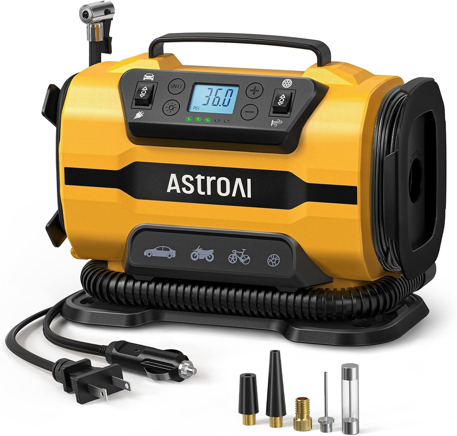 AstroAI Tire Inflator Portable Air Compressor Pump 150PSI 12V DC/110V AC, Dual Metal Motors