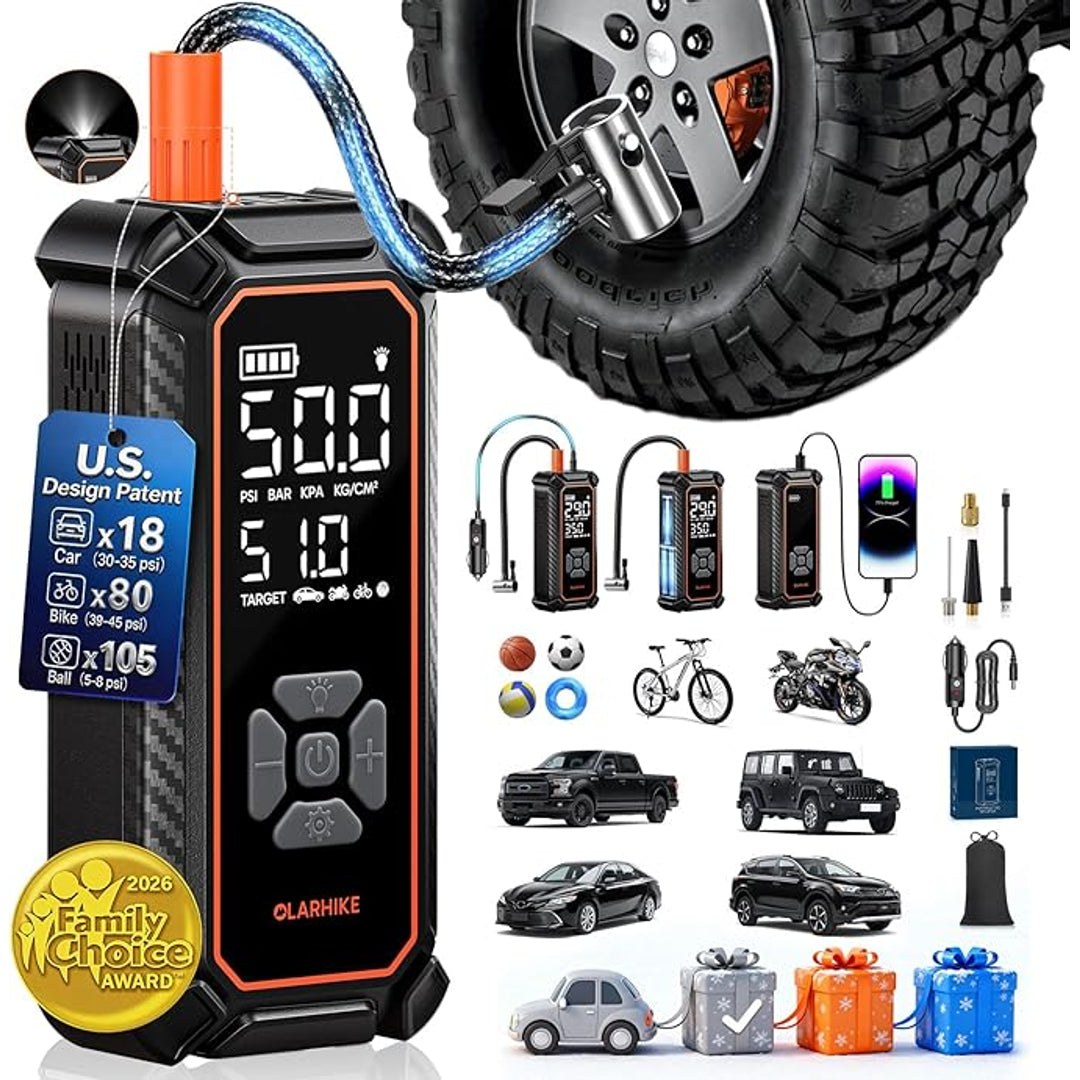 OlarHike Tire Inflator Portable Air Compressor, 150PSI Dual Power 6000mAh & 12V DC