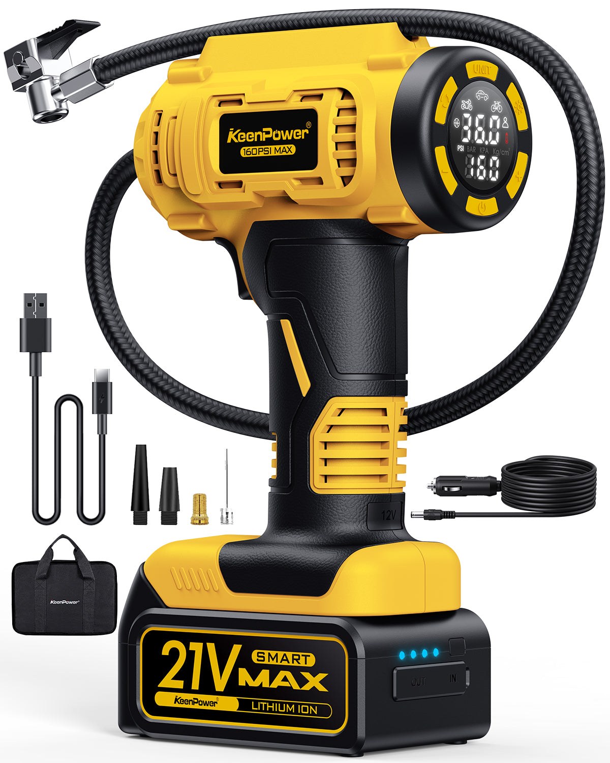 KeenPower Tire Inflator Portable Air Compressor, 21V Rechargeable, 160PSI, Dual Power Supply