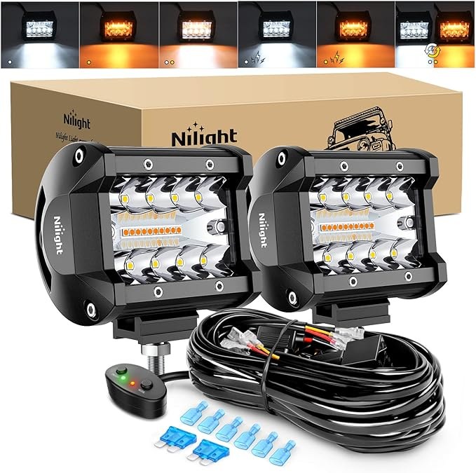 Nilight 2PCS 4-Inch 60W LED Pods Spot Flood Amber White Strobe, 6 Modes