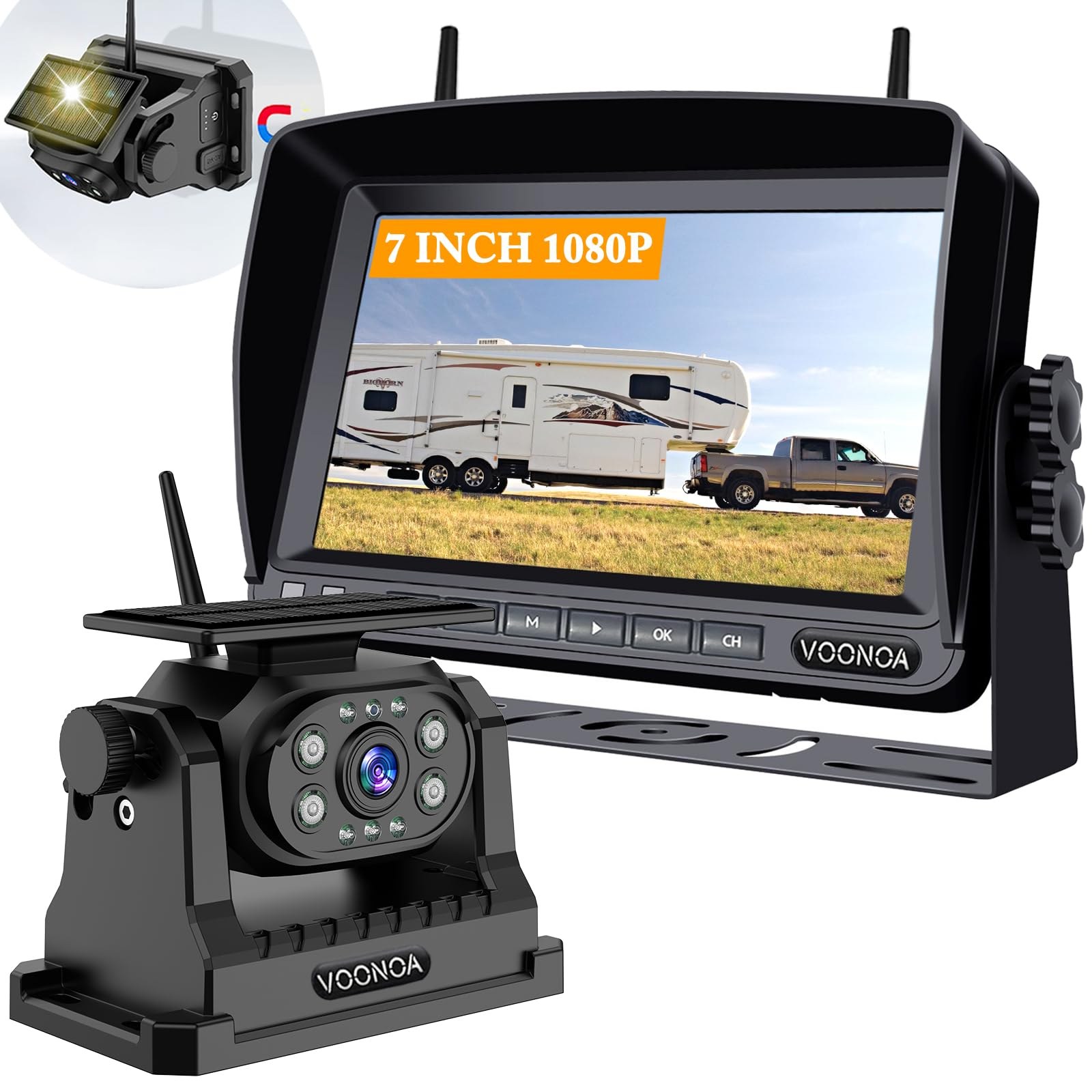 VOONOA Wireless Magnetic Backup Camera VN003, 15000mAh Battery, Solar, 7-Inch 1080P Monitor