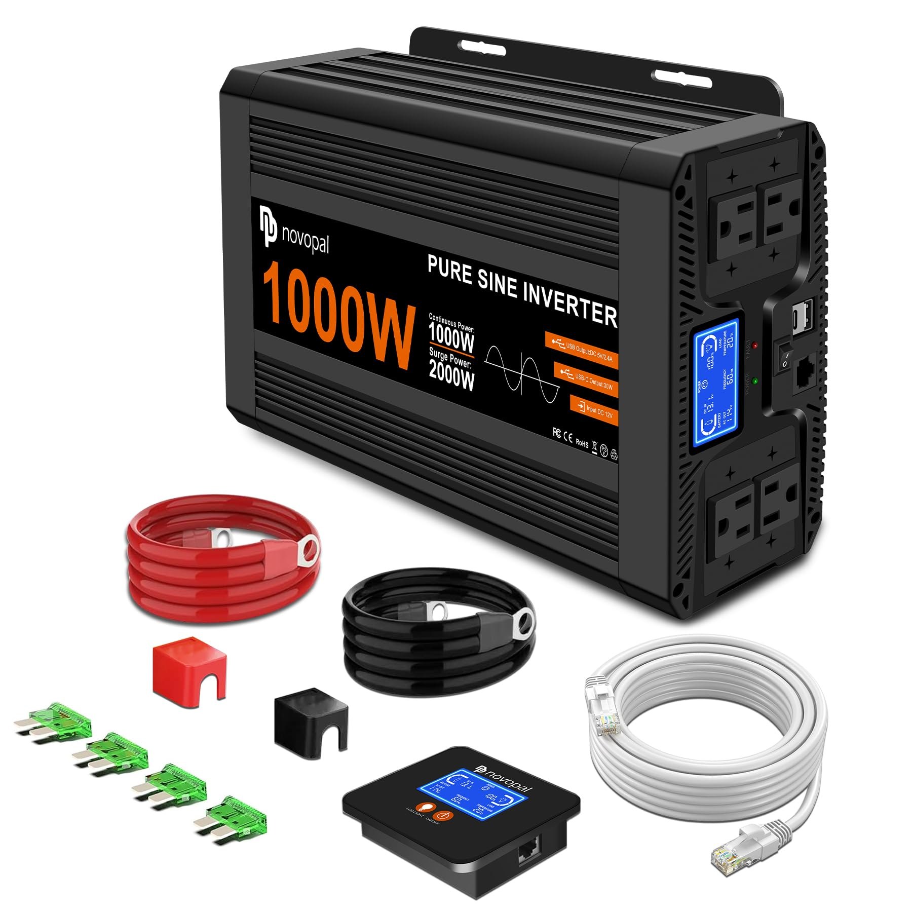 Novopal Power Inverter Pure Sine Wave 1000 Watt, 12V DC to 110V/120V AC, 4 AC Outlets