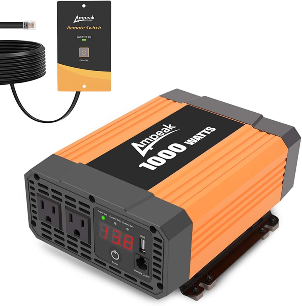 Ampeak 1000W Inverter with Dual AC Outlets, 2.1A USB, Digital Display