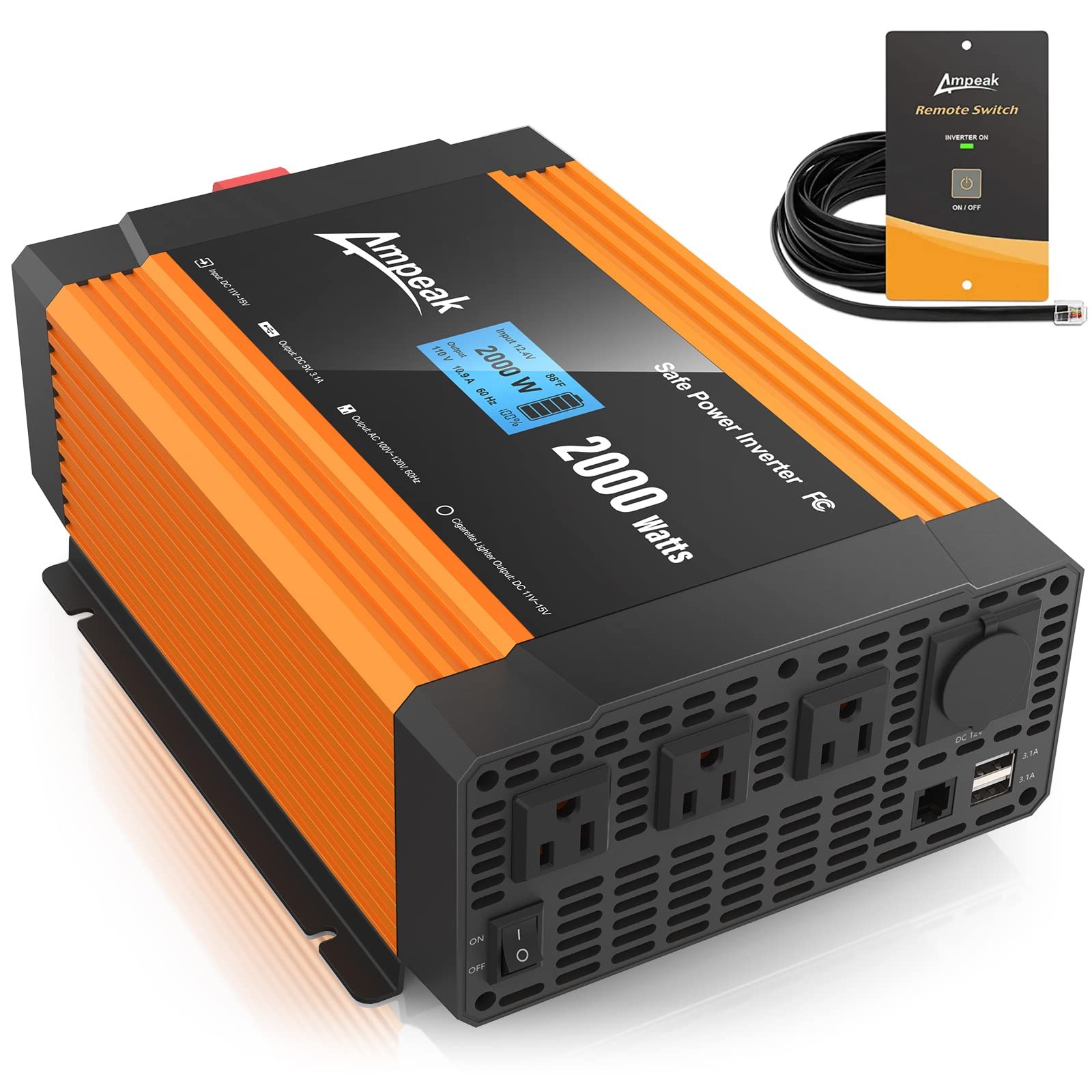 Ampeak 2000W Power Inverter, 89% Efficiency, 3 AC Outlets, 18W QC3.0 + 30W PD