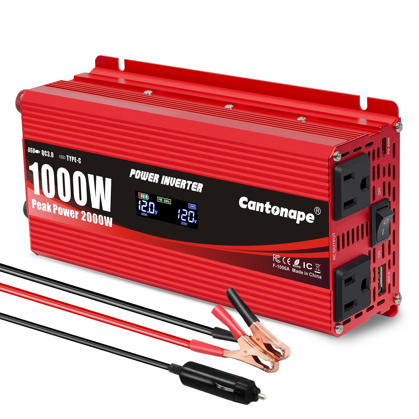 Cantonape 1000W/2000W (Peak) Car Power Inverter DC 12V to 110V AC, LCD Display