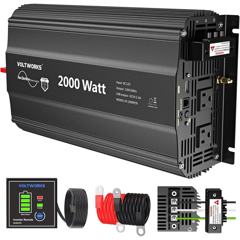 VOLTWORKS Pure Sine Wave 2000 Watt Car Power Inverter, DC 12V to 120V AC, Remote + LCD