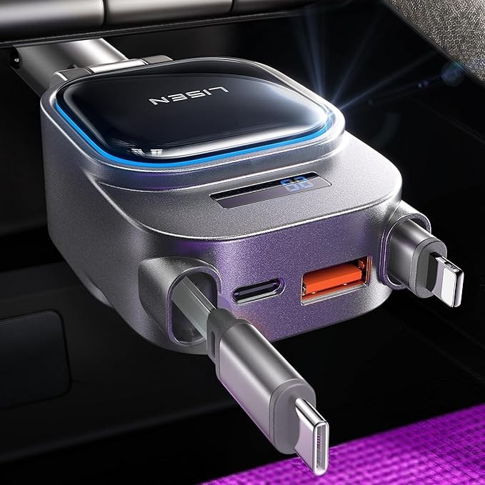 LISEN 96W Fast Charging Retractable Car Charger, USB C Cable & L Cable, 4-in-1