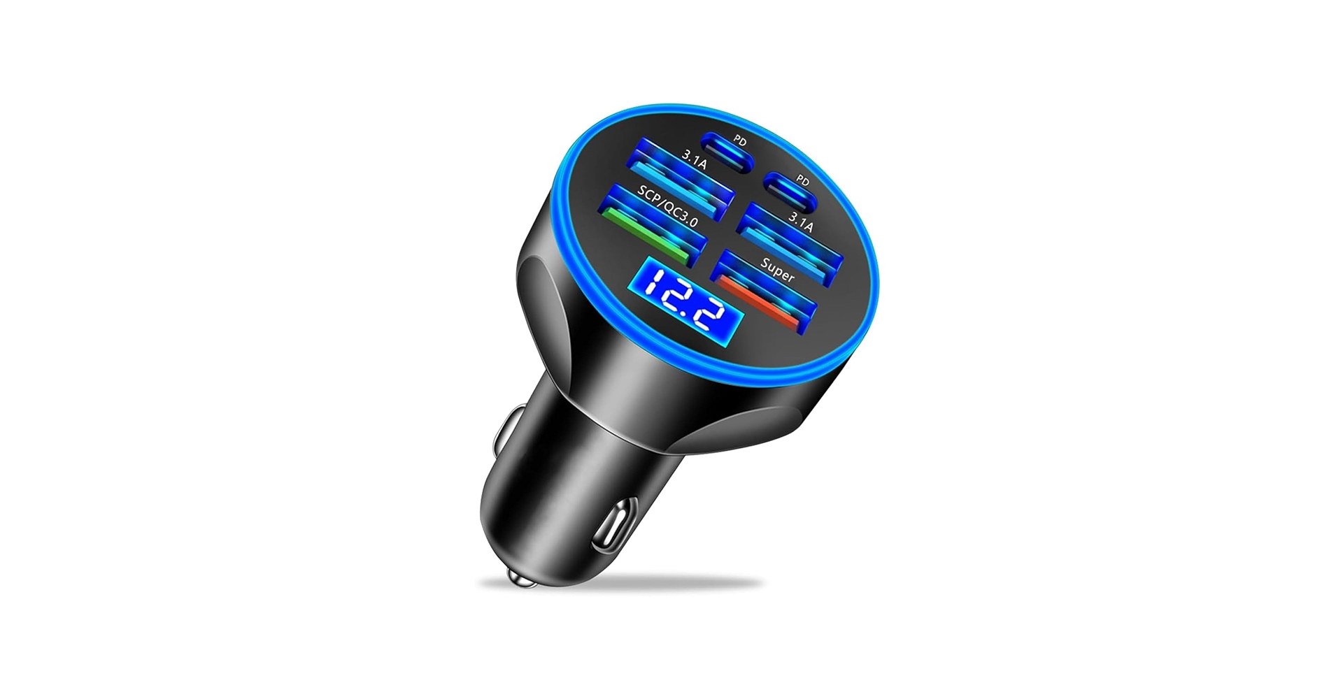 UYUXIO Super Fast Charge USB C Car Phone Charger Adapter 6-in-1, 250W Multi Port, Voltage Display