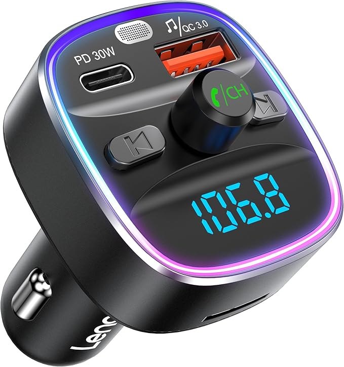 LENCENT FM Transmitter, Bluetooth Wireless Radio Adapter, Dual USB Charging, TF Card