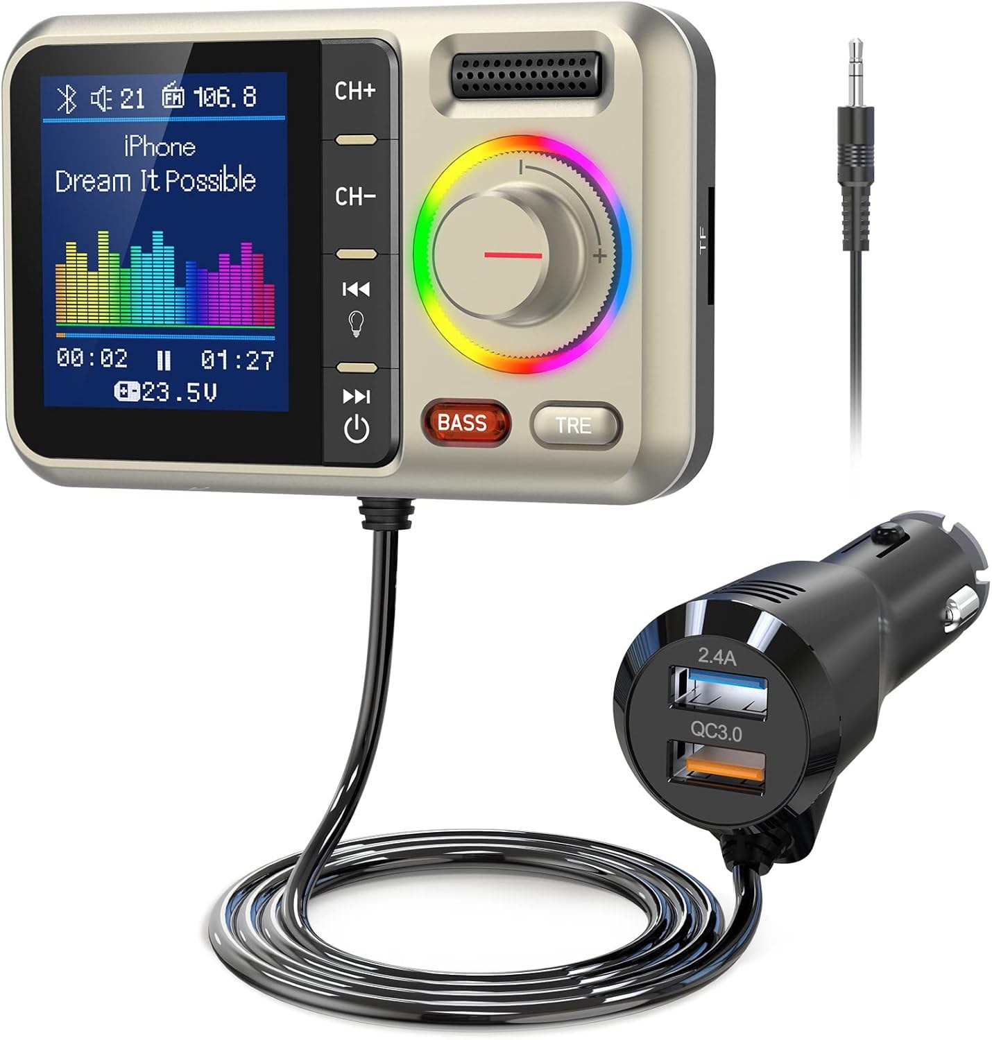 Nulaxy KM28 Bluetooth FM Transmitter for Car, Big Color Screen, QC3.0 Fast Charging