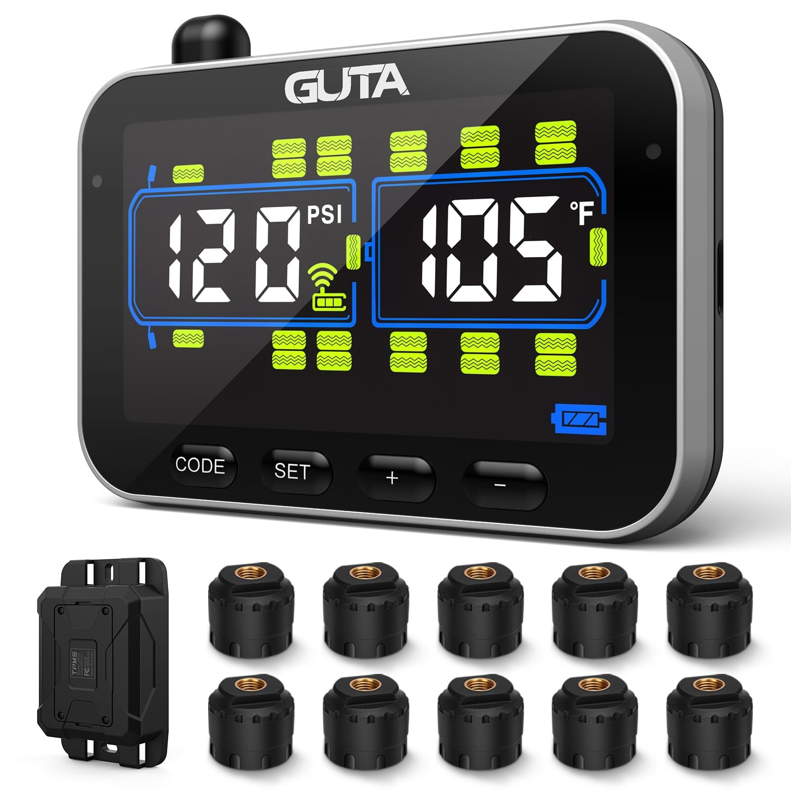 GUTA Trailer Tire Pressure Monitoring System, 10 Sensors, 6 Alert Modes, Signal Booster
