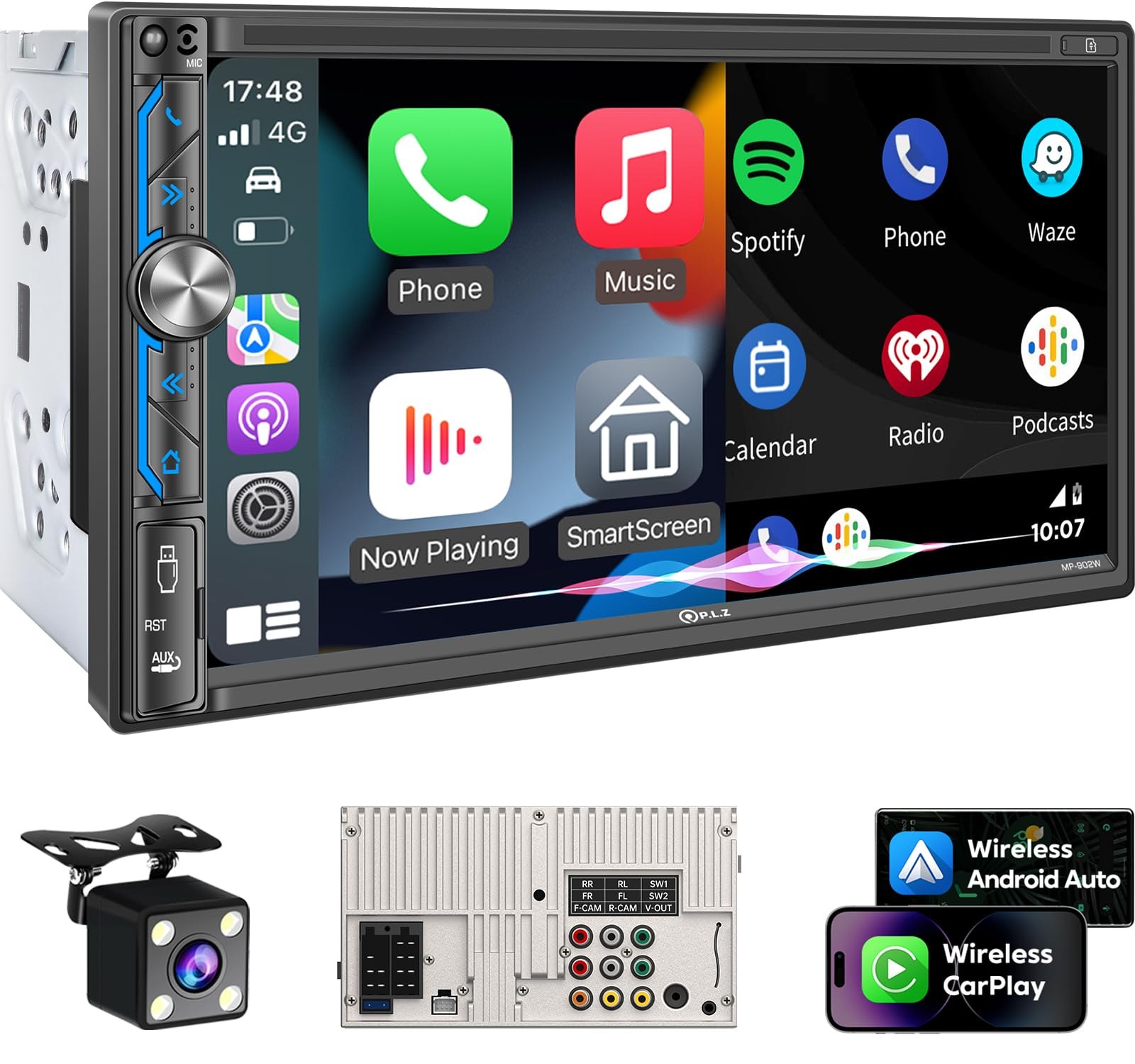 PLZ 7-inch Wireless Double Din Car Stereo, Apple CarPlay, Android Auto, Backup Camera