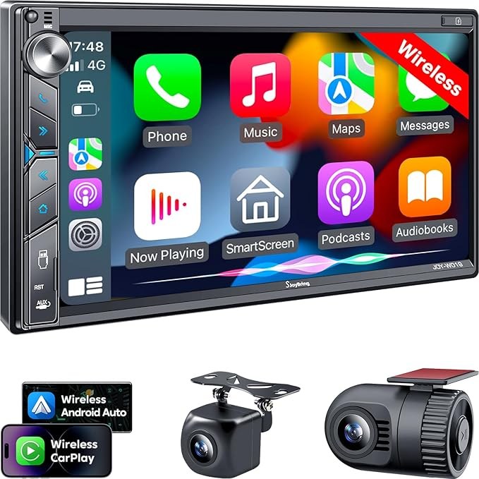 SJOYBRING Double Din Car Radio with Wireless Apple CarPlay and Android Auto, 7-inch HD Touchscreen, Backup Camera