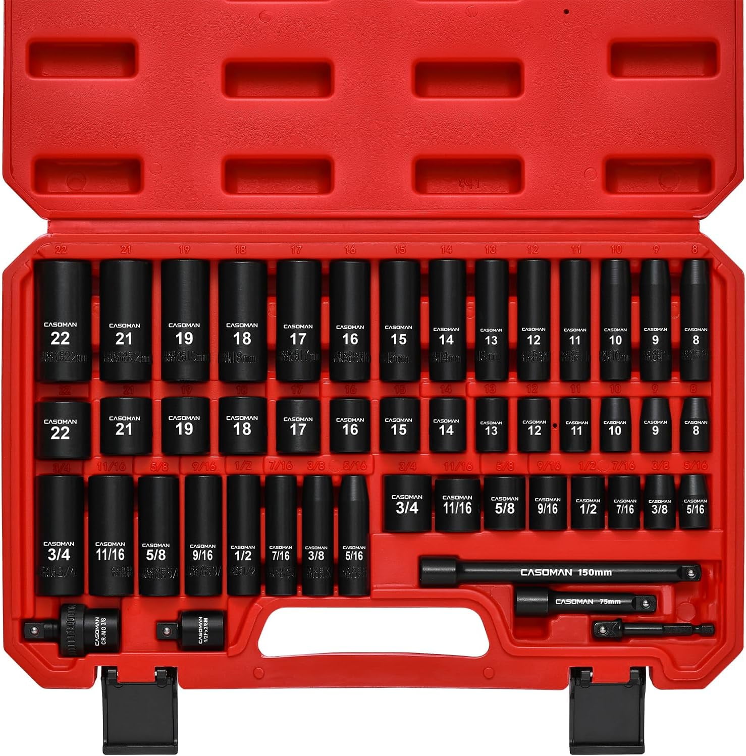 CASOMAN 3/8" Drive Impact Socket Set, 49 Piece Standard SAE and Metric Sizes (5/16-Inch to 3/4-Inch and 8-22 mm), 6 Point, Cr-V Steel Socket Set