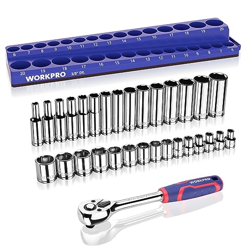 WORKPRO 32-Piece 3/8-inch Drive Metric Sockets and Ratchet, 30 Metric Deep and Shallow Sockets 6-20mm with Magnetic Organizer and 72-Tooth Quick Release Reversible Ratchet