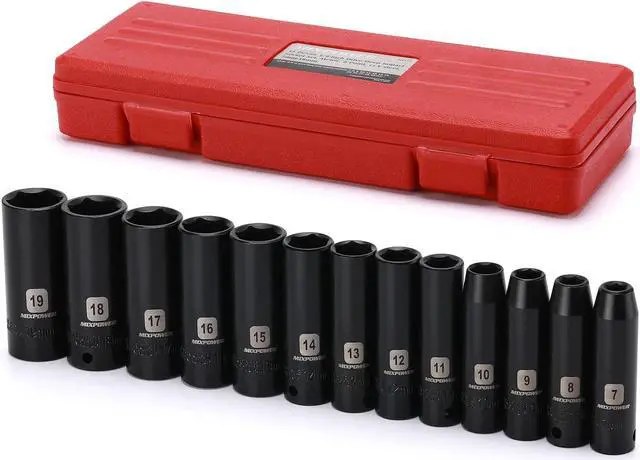 MIXPOWER 13 Pieces 3/8-Inch Drive Deep Impact Socket Set, 7mm to 19mm, CR-V, Metric, 6 Point