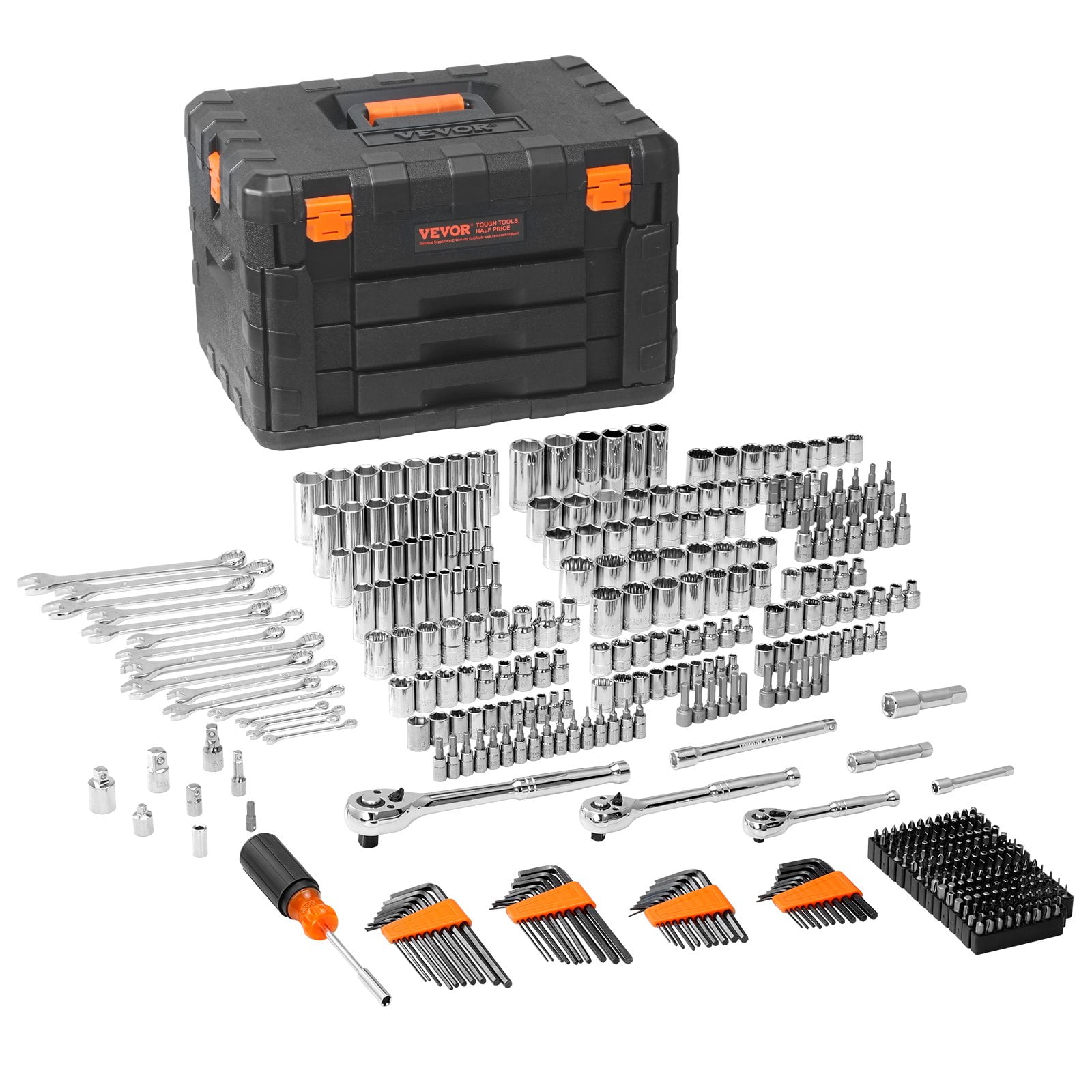 VEVOR Mechanics Tool Set and Socket Set, 1/4" 3/8" 1/2" Drive Deep and Standard Sockets, 450 Pcs SAE and Metric Mechanic Tool Kit with Bits, Combination Wrench, Hex Wrenches, Storage Case