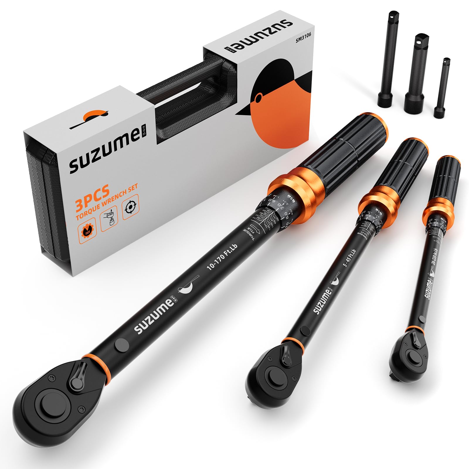 SUZUME 3PCS Torque Wrench Set 72 Teeth Dual-Direction Adjustable Torque Wrench Dual-Scales 1/4 & 3/8 & 1/2-Inch ±3% Accuracy Click Torque Wrenches for Bicycle, Motorcycle, Car Maintenance