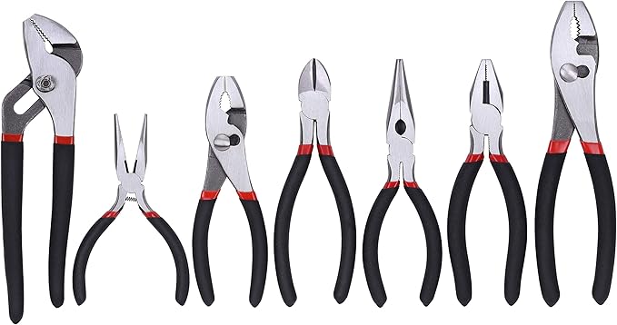 FASTPRO 7-piece Utility Pliers Set, Includes Slip Joint, Long Nose, Diagonal, Groove Joint, Linesman, and Mini Long Nose Pliers, Dipped Handle