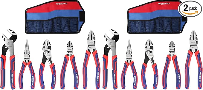WORKPRO Pliers Set, Premium Cr-V Construction, Includes 6 Inch Slip Joint, Long Nose, Diagonal Cutting, 8 Inch Groove Joint, 7 Inch Linesman and Storage Pouch, for Basic Repair