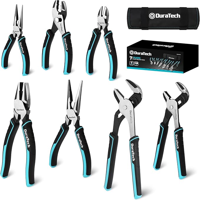 DURATECH 8-Piece Pliers Set with Rolling Pouch, Premium Cr-V/Cr-Ni Construction, (12", 10", 8" Groove Joint Pliers, 8" Adjustable Wrench, 8" Linesman, 6" Long Needle Nose, 6" Slip Joint, 6" Diagonal)