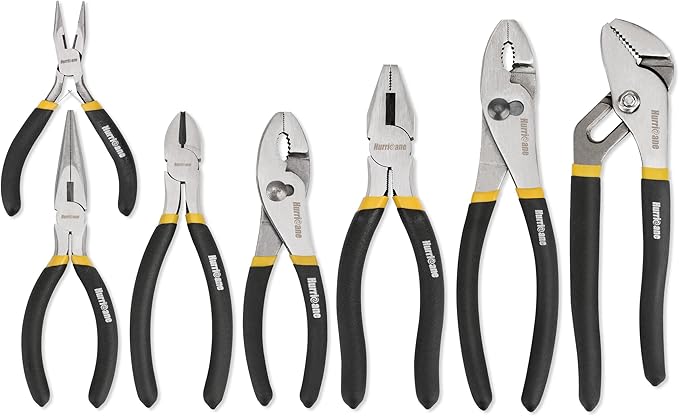 HURRICANE 7 Pieces Pliers Set, 8 inch Groove Joint Pliers, 8 inch Slip Joint, 7'' Linesman, 6'' Slip Joint, 6'' Diagonal, 6'' Long Nose, Mini Long Nose, for DIY & Home Use