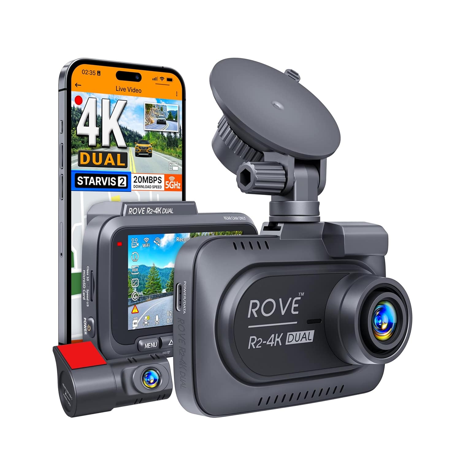 ROVE R2-4K DUAL Dash Cam — Front and Rear, STARVIS 2, 128GB Card Included
