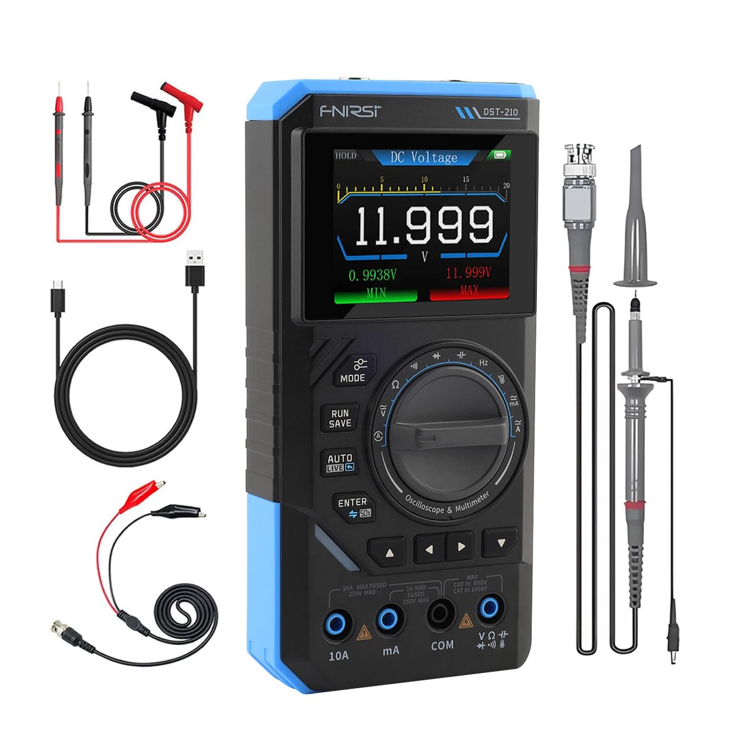 FNIRSI DST-201 3IN1 Digital Multimeter 19999 Counts TRMS, 1MHz Bandwidth Handheld Oscilloscope Multimeter DDS Generator, 5MSa/s Sample Rate, AC/DC Voltage Current Capacitor Resistor Diode Temperature