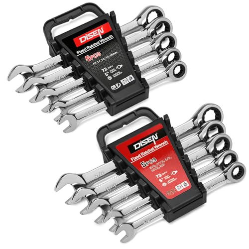 DISEN 10Pcs Ratcheting Wrench Set SAE & Metric Ratchet Wrench Set with Rack Organizer, Premium CR-v Steel, 12 Point, 72 Teeth, Box End and Open End Ratcheting Wrench Set, Metric 10-15mm & SAE 3/8''-5/8''