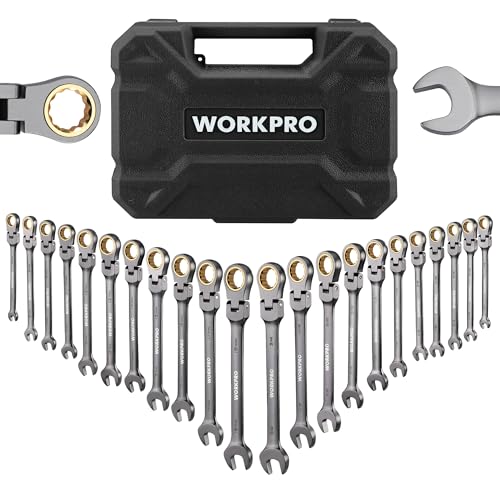 WORKPRO 22-Piece Ratcheting Wrench Set, Flex-Head Ratchet Combination Wrench Sets with Organizer Box, 72 Teeth, Metric 6-18mm & SAE 1/4-3/4"