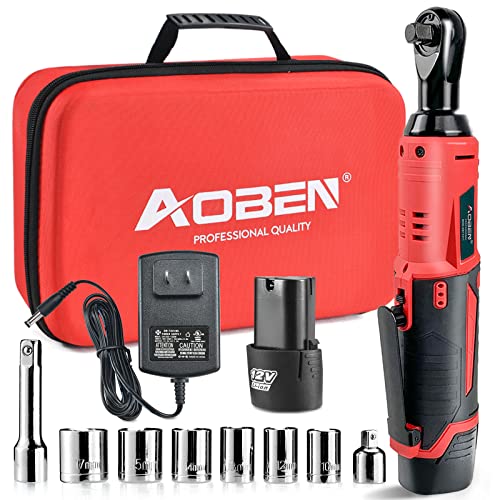 AOBEN Cordless Electric Ratchet Wrench Set, 3/8" 12V Power Ratchet Tool Kit With 2 Packs 2000mAh Lithium-Ion Battery And Charger
