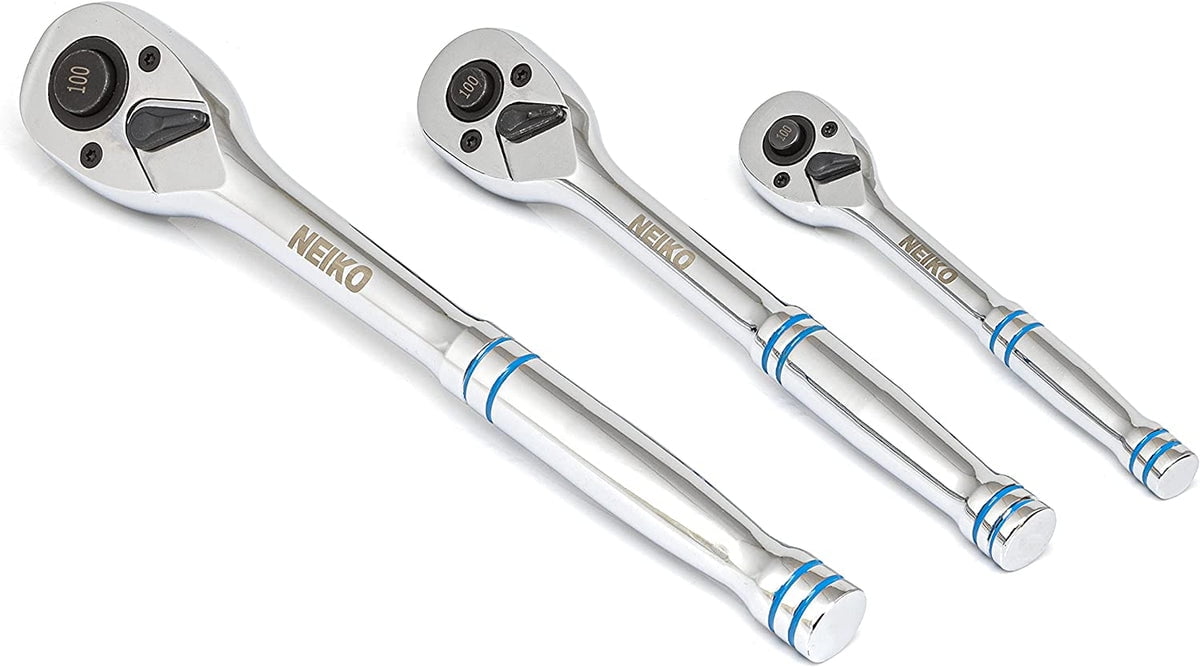 Neiko 03000A 100-Tooth Quick-Release Ratchet-Wrench Set, 1/4-Inch-, 3/8-Inch-, and 1/2-Inch-Drive Ratchets, 3.6-Degree Swing, CrMo Steel, 3-Piece Set