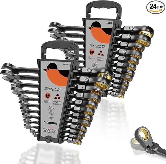 SUZUME 24-Piece Metric and SAE Flex Head Ratcheting Wrench Set 72 Teeth Cr-V Steel Ratcheting Wrench Set with 180° Flex Head Ratchet Wrenches Set For Auto, Machine Repair