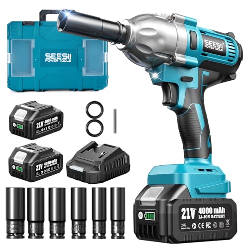 Seesii Impact Wrench 665 FT-LBS (900N.m) 3300IPM 1/2 Impact Gun High Torque Electric Impact Driver Cordless Impact Wrench with 21V 2x4.0Ah Battery 6 Sockets & Case for Home Car Tire Lug Nut Removal Tool