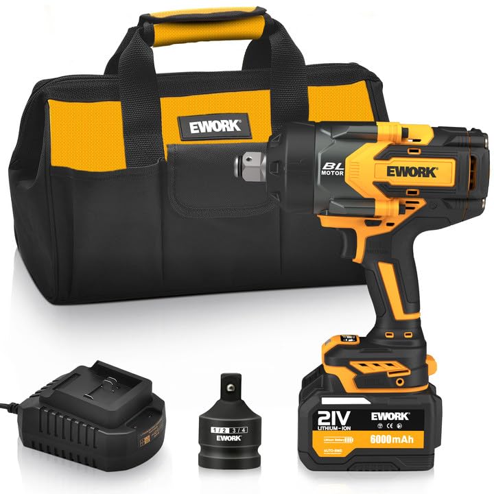 EWORK Cordless Impact Wrench 1/2 inch 21V Brushless High Torque Impact Gun Max 700 Ft-lbs Power Impact Wrenchs with 4.0Ah Li-ion Battery, Fast Charger, 5 Sockets, Tool Bag (RB-810)