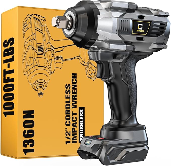 Cerycose Cordless Impact Wrench 1/2 inch Compatible with Dewalt Battery, 1000FT-LBS (1360N.m) Brushless Electric Impact Gun Includes LED Work Light, 2100RPM High Torque Impact Driver, Bare Tool Only