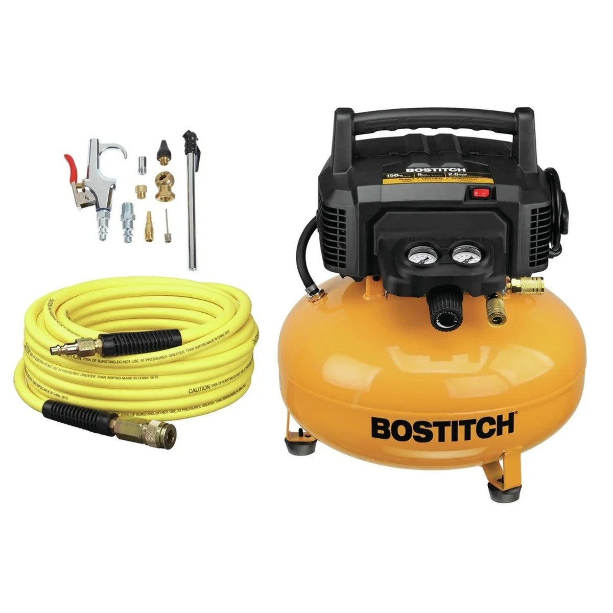 Bostitch 6 Gallon Pancake Air Compressor & 13 Piece Accessory Kit: Air Hose, Blow Gun and Adapter, Blow Chuck, Tire Gauge, Rubber Blow Gun Nozzle, Inflation Needle, and Male Quick Connect Plug