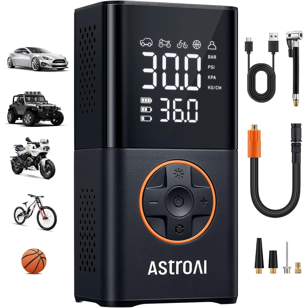 AstroAI L7 Tire Inflator Portable Air Compressor Cordless Mini Bike Pump with Digital Dual Values Display, 150 PSI Car Tires Air Pump with LED Lights & Pressure Gauge for Auto, Motorcycles, Bikes, Balls